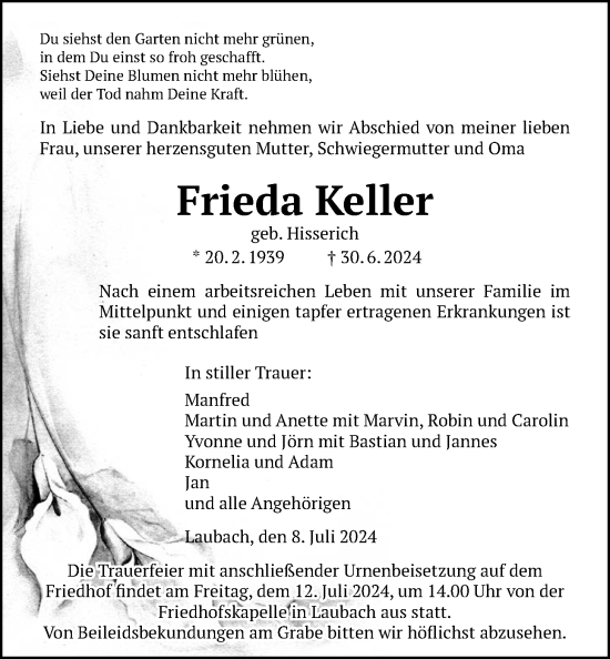 Traueranzeige von Frieda Keller von Giessener Allgemeine, Alsfelder Allgemeine, Laubacher Anzeiger