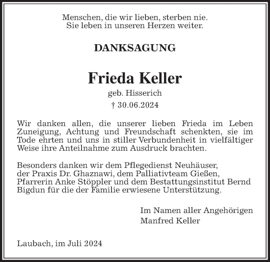 Traueranzeige von Frieda Keller von Giessener Allgemeine, Alsfelder Allgemeine, Laubacher Anzeiger
