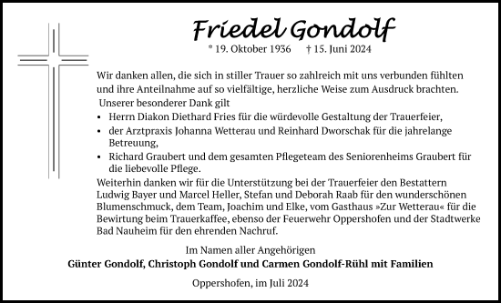 Traueranzeige von Friedel Gondolf von Wetterauer Zeitung, Butzbacher Zeitung