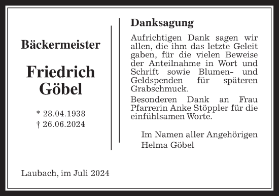 Traueranzeige von Friedrich Göbel von Laubacher Anzeiger
