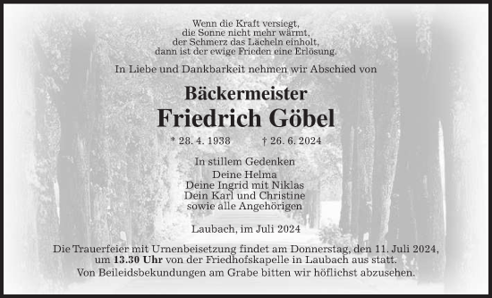 Traueranzeige von Friedrich Göbel von Laubacher Anzeiger, Giessener Allgemeine, Alsfelder Allgemeine, Giessener Anzeiger