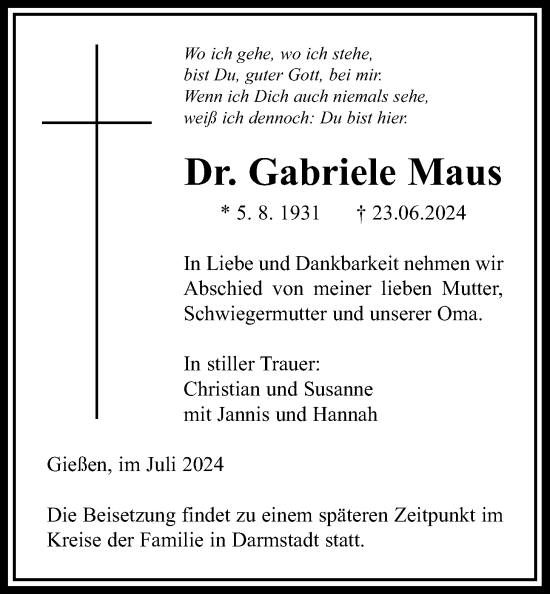 Traueranzeige von Gabriele Maus von Giessener Anzeiger, Giessener Allgemeine, Alsfelder Allgemeine