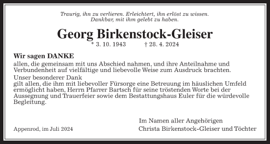 Traueranzeige von Georg Birkenstock-Gleiser von Oberhessische Zeitung, Alsfelder Allgemeine
