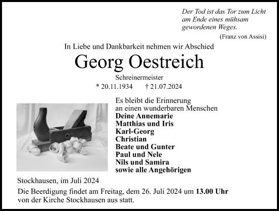 Traueranzeige von Georg Oestreich von Lauterbacher Anzeiger