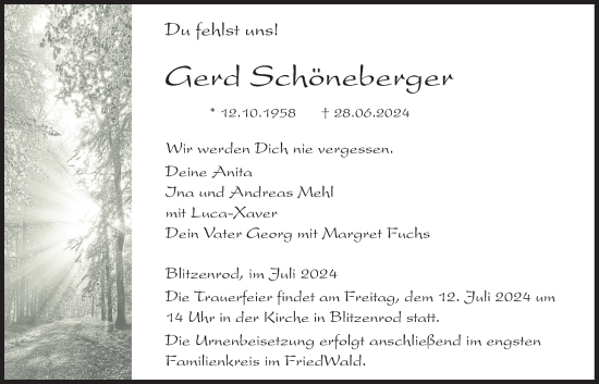 Traueranzeige von Gerd Schöneberger von Lauterbacher Anzeiger