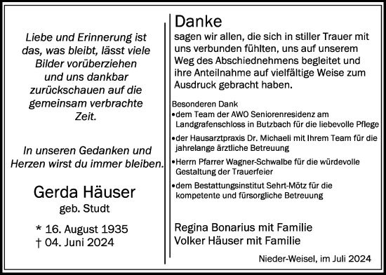 Traueranzeige von Gerda Häuser von Butzbacher Zeitung