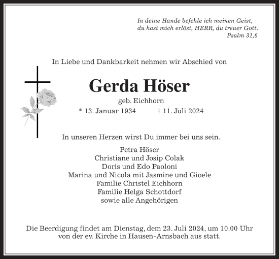 Traueranzeige von Gerda Höser von Usinger Anzeiger