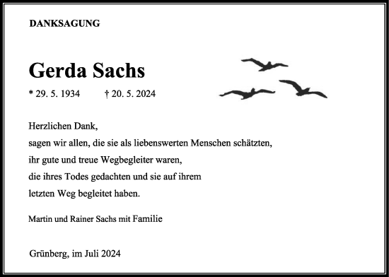 Traueranzeige von Gerda Sachs von Giessener Allgemeine, Alsfelder Allgemeine, Heimatzeitung Grünberg + Laubach