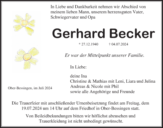 Traueranzeige von Gerhard Becker von Licher Wochenblatt