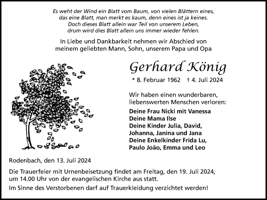 Traueranzeige von Gerhard König von Kreis-Anzeiger
