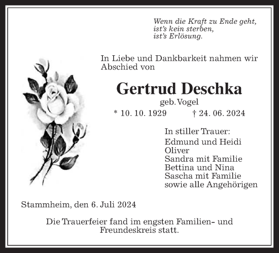 Traueranzeige von Gertrud Deschka von Wetterauer Zeitung
