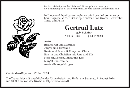 Traueranzeige von Gertrud Lutz von Alsfelder Allgemeine, Oberhessische Zeitung