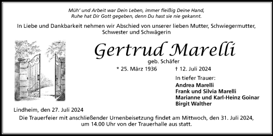 Traueranzeige von Gertrud Marelli von Kreis-Anzeiger