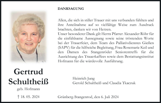 Traueranzeige von Gertrud Schultheiß von Giessener Allgemeine, Alsfelder Allgemeine, Oberhessische Zeitung