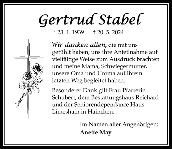 Traueranzeige von Gertrud Stabel von Kreis-Anzeiger