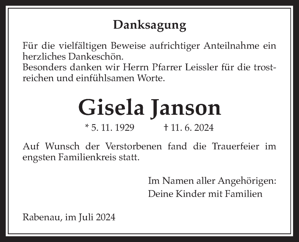  Traueranzeige für Gisela Janson vom 04.07.2024 aus Rabenauer Zeitung
