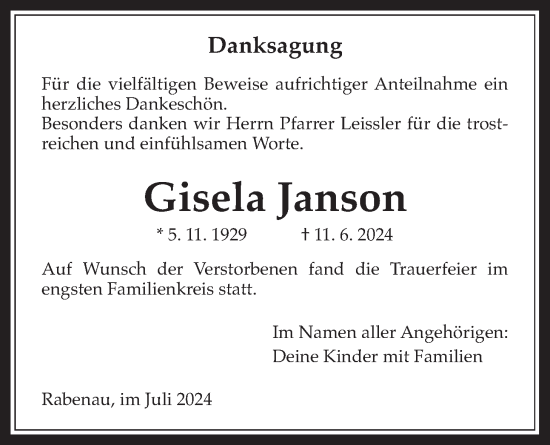 Traueranzeige von Gisela Janson von Rabenauer Zeitung