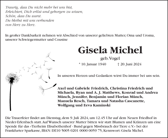 Traueranzeige von Gisela Michel von Bad Vilbel/Karben
