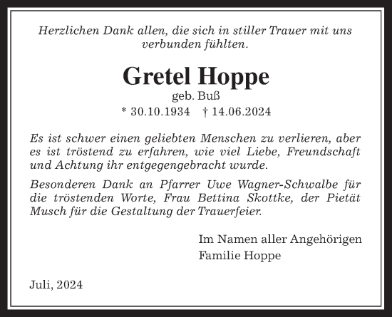 Traueranzeige von Gretel Hoppe von Butzbacher Zeitung