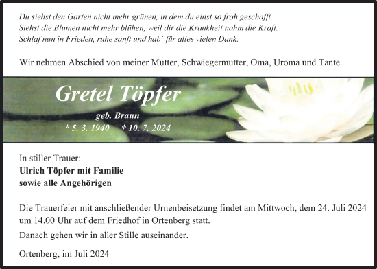 Traueranzeige von Gretel Töpfer von Kreis-Anzeiger