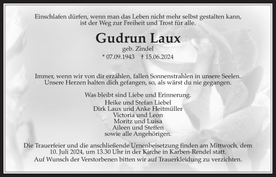 Traueranzeige von Gudrun Laux von Bad Vilbel/Karben, Giessener Allgemeine, Alsfelder Allgemeine, Wetterauer Zeitung