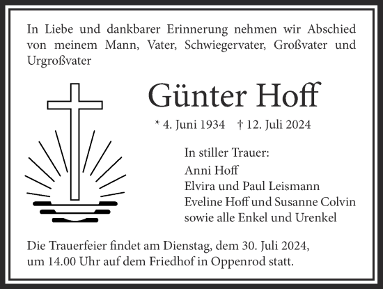 Traueranzeige von Günter Hoff von Giessener Allgemeine, Alsfelder Allgemeine