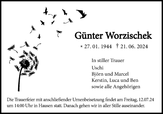 Traueranzeige von Günter Worzischek von Giessener Allgemeine, Alsfelder Allgemeine