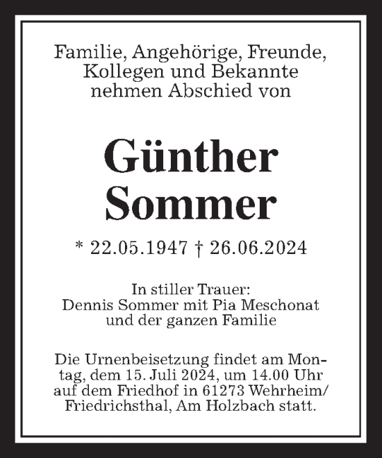 Traueranzeige von Günther Sommer von Wetterauer Zeitung