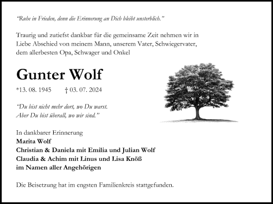 Traueranzeige von Gunter Wolf von Lauterbacher Anzeiger
