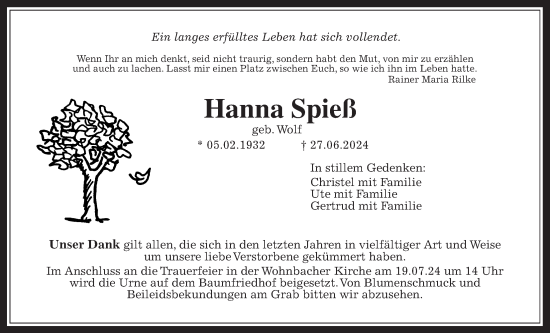 Traueranzeige von Hanna Spieß von Wetterauer Zeitung