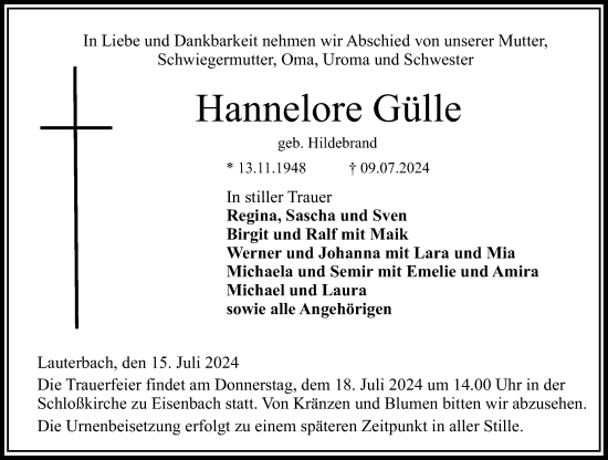 Traueranzeige von Hannelore Gülle von Lauterbacher Anzeiger