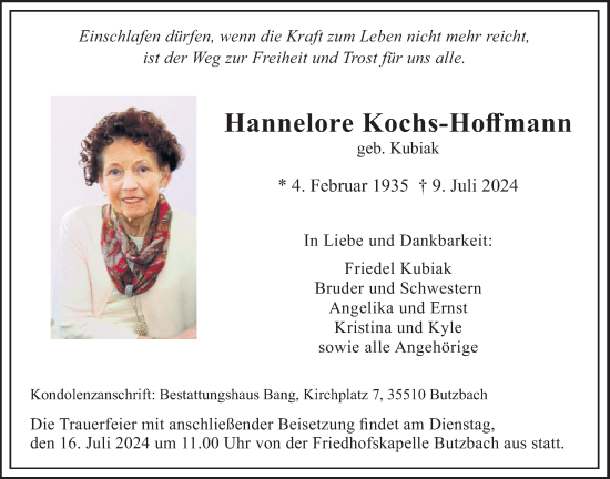 Traueranzeige von Hannelore Kochs-Hoffmann von Butzbacher Zeitung
