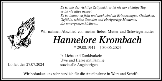 Traueranzeige von Hannelore Krombach von Giessener Allgemeine, Alsfelder Allgemeine