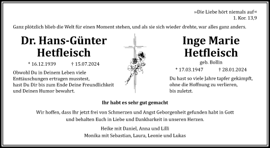 Traueranzeige von Hans-Günter Hetfleisch von Giessener Allgemeine, Alsfelder Allgemeine, Giessener Anzeiger