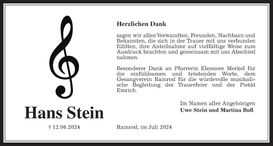Traueranzeige von Hans Stein von Kreis-Anzeiger