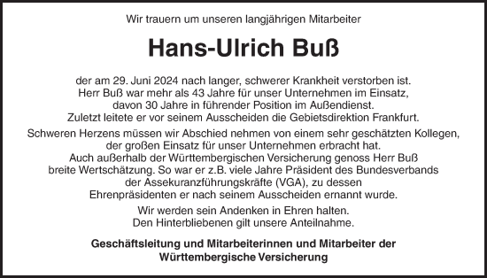 Traueranzeige von Hans-Ulrich Buß von Kreis-Anzeiger