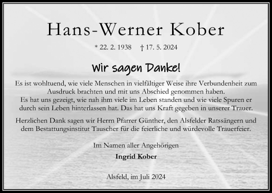 Traueranzeige von Hans-Werner Kober von Oberhessische Zeitung