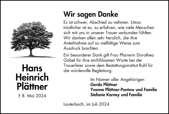 Traueranzeige von Hans Heinrich Plättner von Lauterbacher Anzeiger
