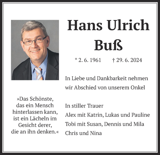 Traueranzeige von Hans Ulrich Buß von Kreis-Anzeiger