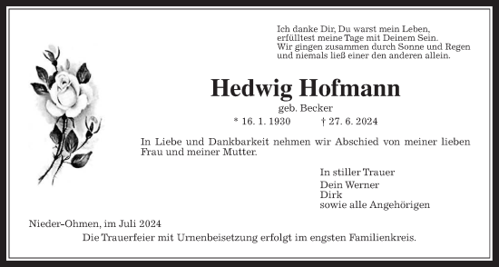 Traueranzeige von Hedwig Hofmann von Giessener Allgemeine, Alsfelder Allgemeine, Mücker Stimme