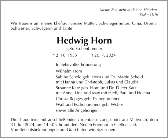 Traueranzeige von Hedwig Horn von Giessener Allgemeine, Alsfelder Allgemeine, Giessener Anzeiger