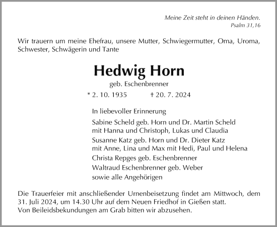 Traueranzeige von Hedwig Horn von Giessener Allgemeine, Alsfelder Allgemeine, Giessener Anzeiger