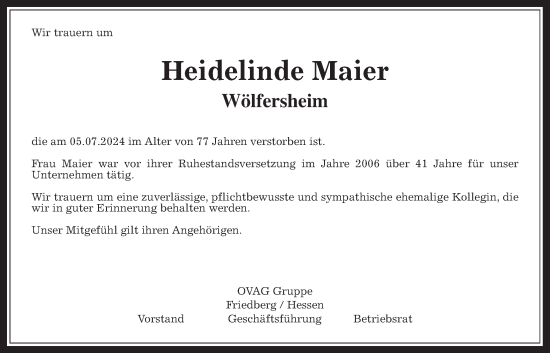 Traueranzeige von Heidelinde Maier von Wetterauer Zeitung