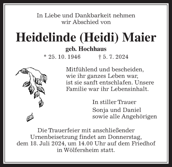 Traueranzeige von Heidelinde Maier von Wetterauer Zeitung