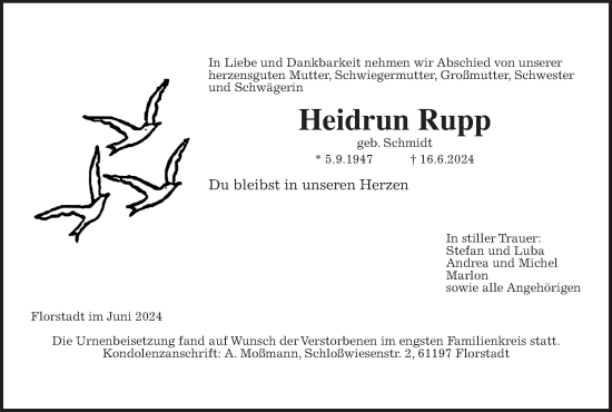 Traueranzeige von Heidrun Rupp von Wetterauer Zeitung