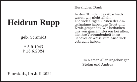 Traueranzeige von Heidrun Rupp von Wetterauer Zeitung