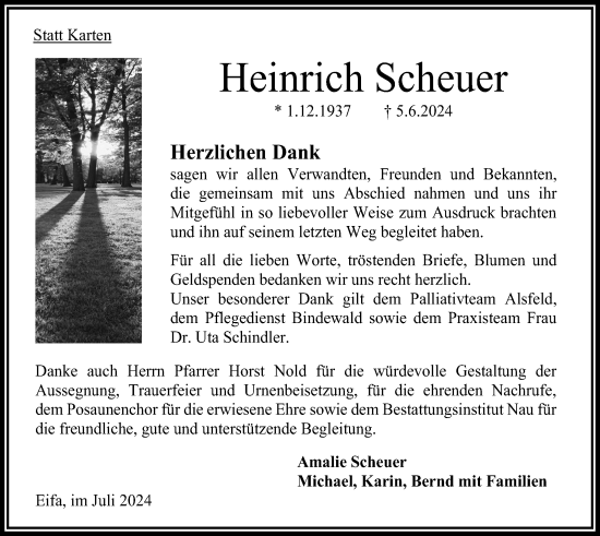 Traueranzeige von Heinrich Scheuer von Oberhessische Zeitung
