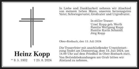 Traueranzeige von Heinz Kopp von Wetterauer Zeitung