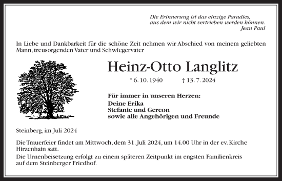 Traueranzeige von Heinz-Otto Langlitz von Kreis-Anzeiger