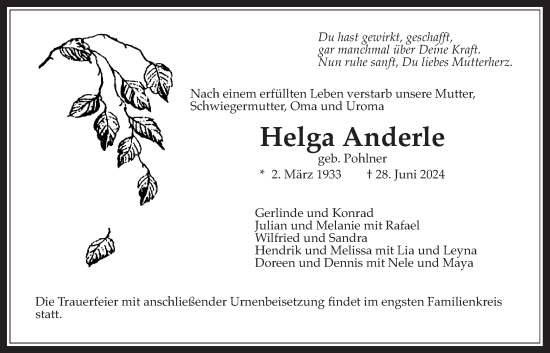 Traueranzeige von Helga Anderle von Bad Vilbel/Karben